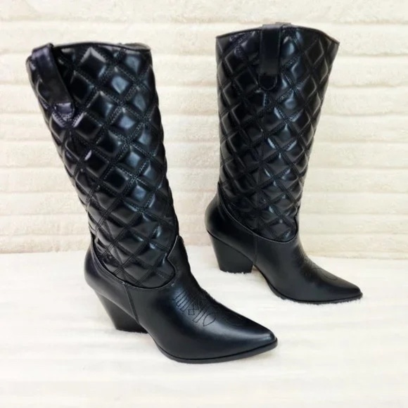 Cape Robbin Black Quilted Faux Leather Western Mid Calf Cowgirl Boots - Picture 2 of 11